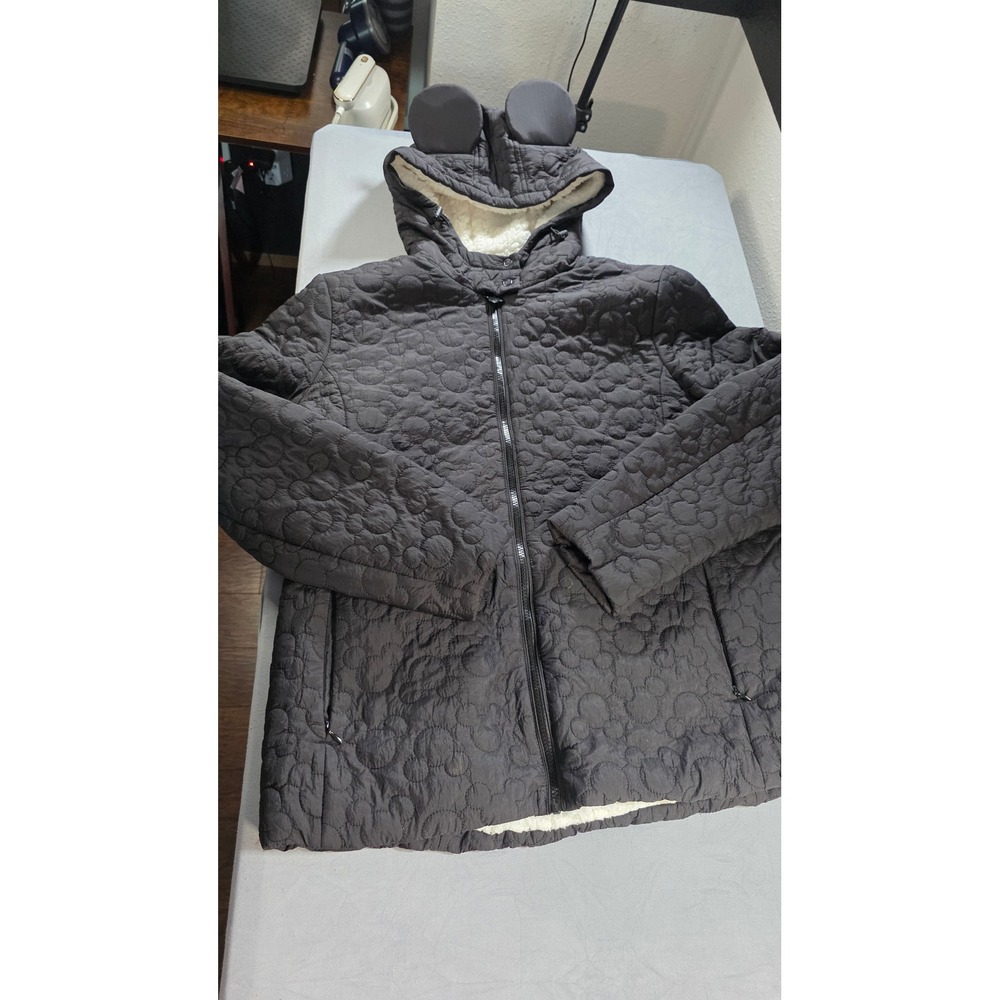 Disney Mickey Mouse Quilted Puffer Jacket Black‎ Sherpa Hood Ears XL Women
